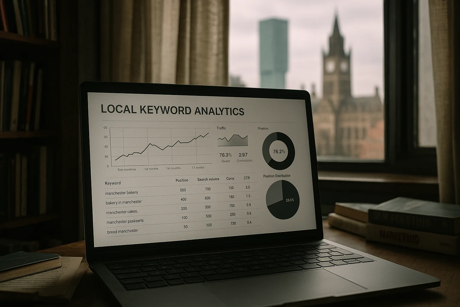 Top SEO Tips For Manchester Companies — A digital marketing expert at a desk in a Manchester office, analysing local key